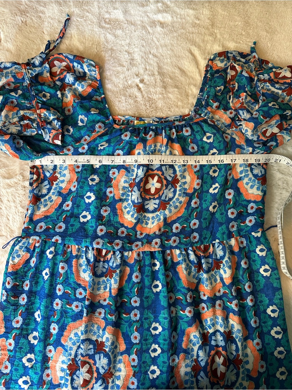 Fig & Flower Blue Boho Medallion Print Puff Sleeve Midi Dress Size L - Picture 2 of 12